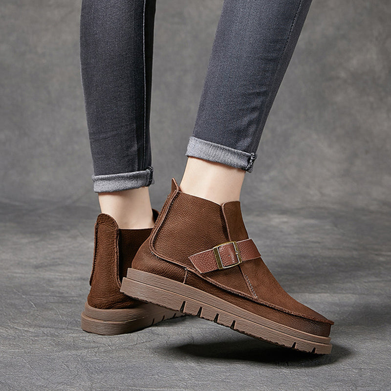 Mori Style Ankle Booties For Women Brush-Off Leather Buckle Boots in Coffee/Khaki