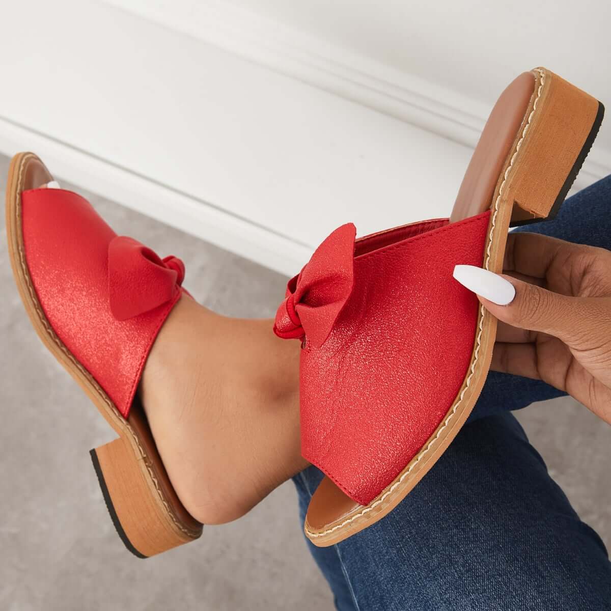 Womens Fashion Peep Toe Low Heel Bow Slippers