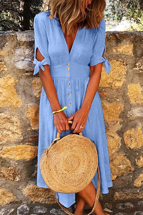 Deep V-Neck Puff Sleeve Tie Cuff Button Front Wide Waistband A-Line Midi Dress