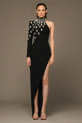 Rhinestone One Shoulder Long Sleeve Slit Bandage Cocktail Dress