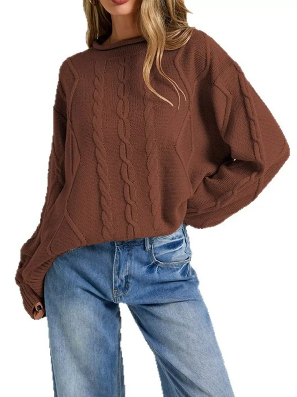 Crew Neck Long Sleeve Cable Knit Side Slit Oversized Sweater 3