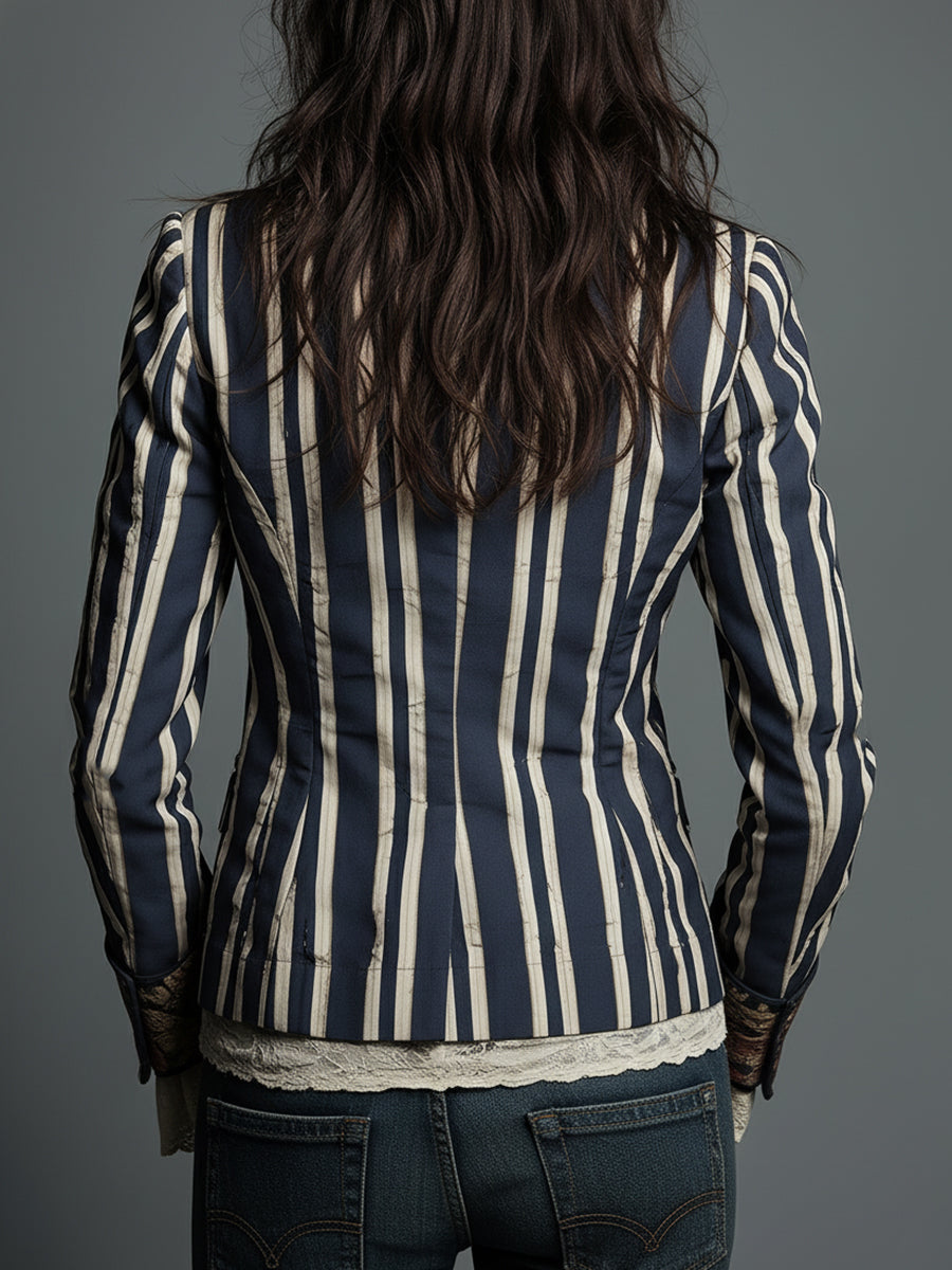 Striped Floral Panel Contrast Lapel Blazer