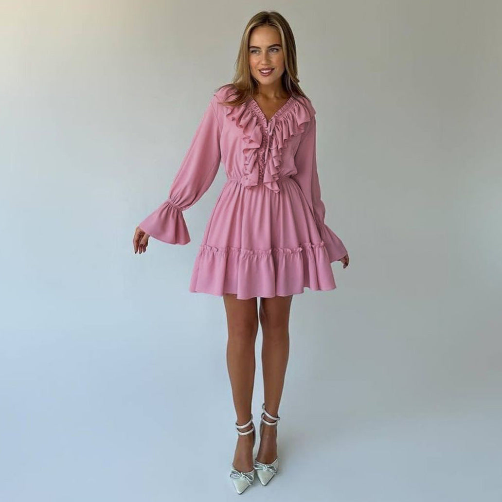 Ruffle Deep V-Neck Flounce Long Sleeve Tiered Mini Dress 16