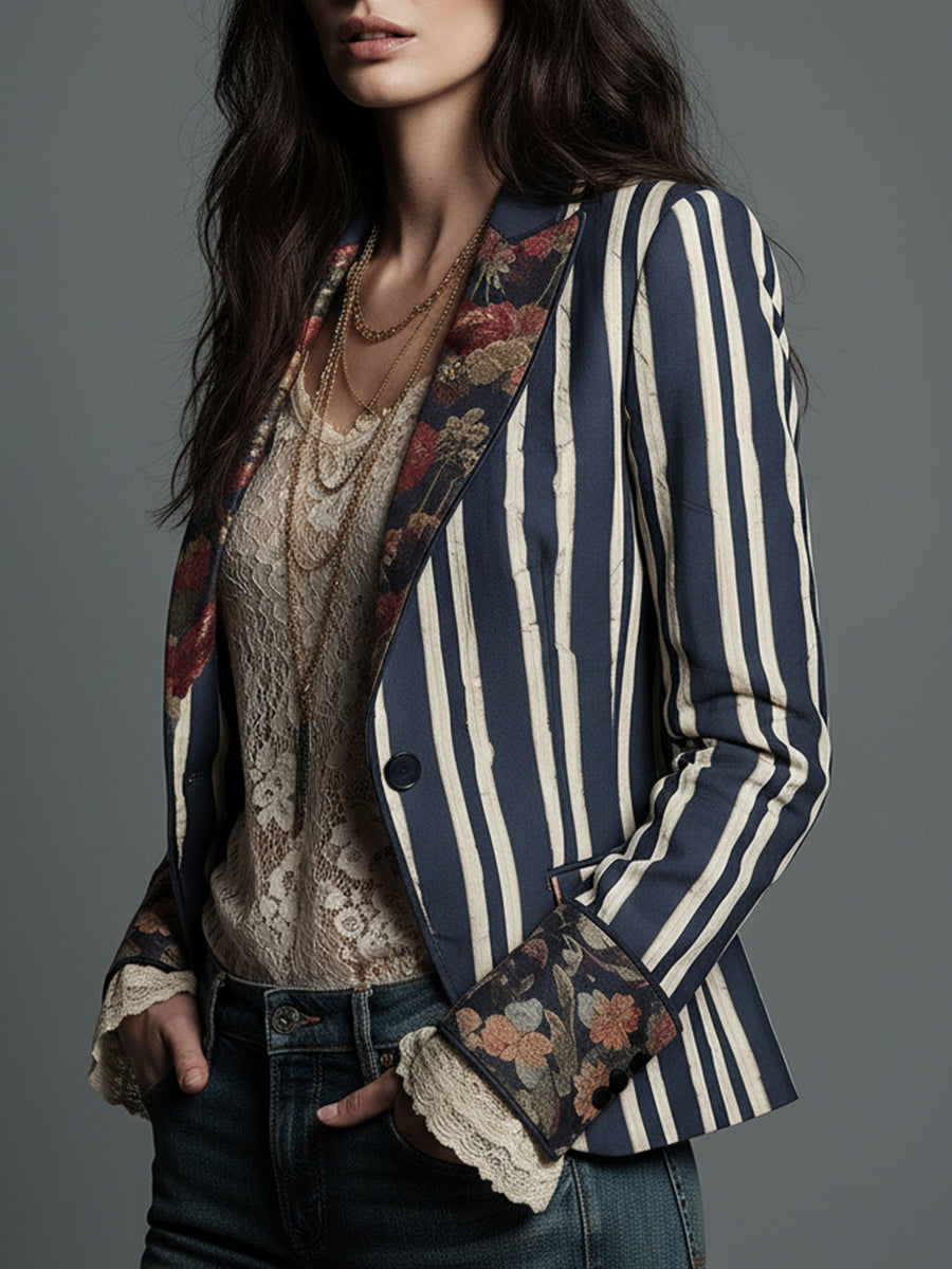 Striped Floral Panel Contrast Lapel Blazer