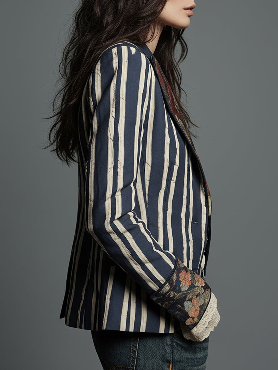 Striped Floral Panel Contrast Lapel Blazer
