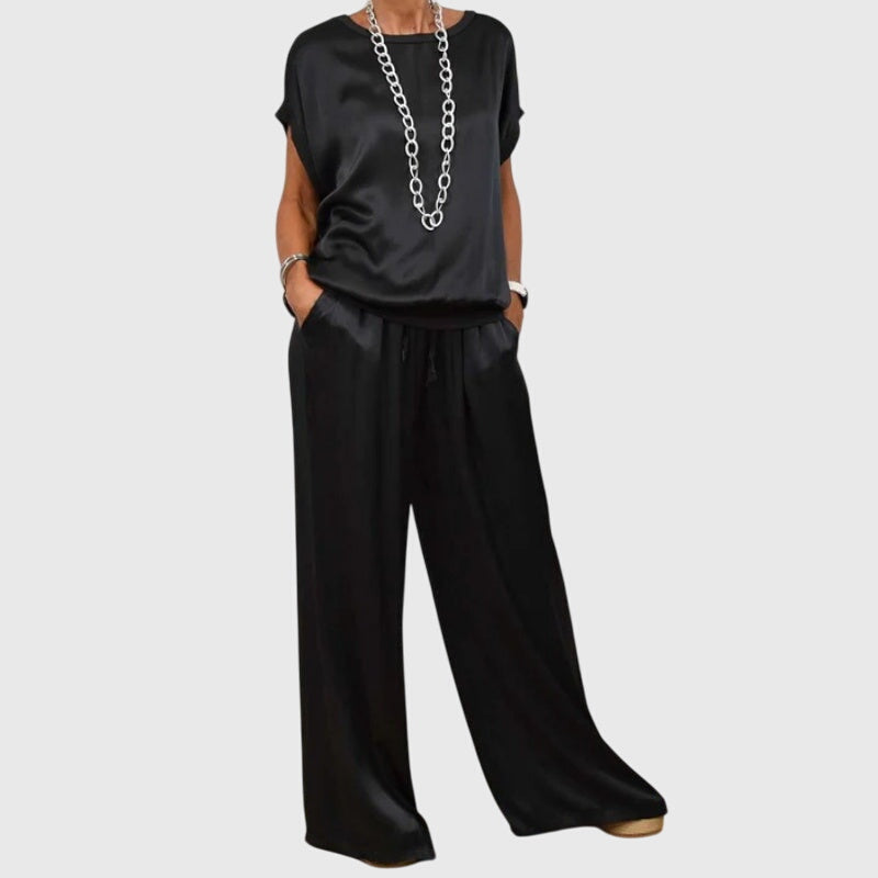 Short Sleeve Boxy Top and Drawstring Wide Leg Pants Two Piece Set