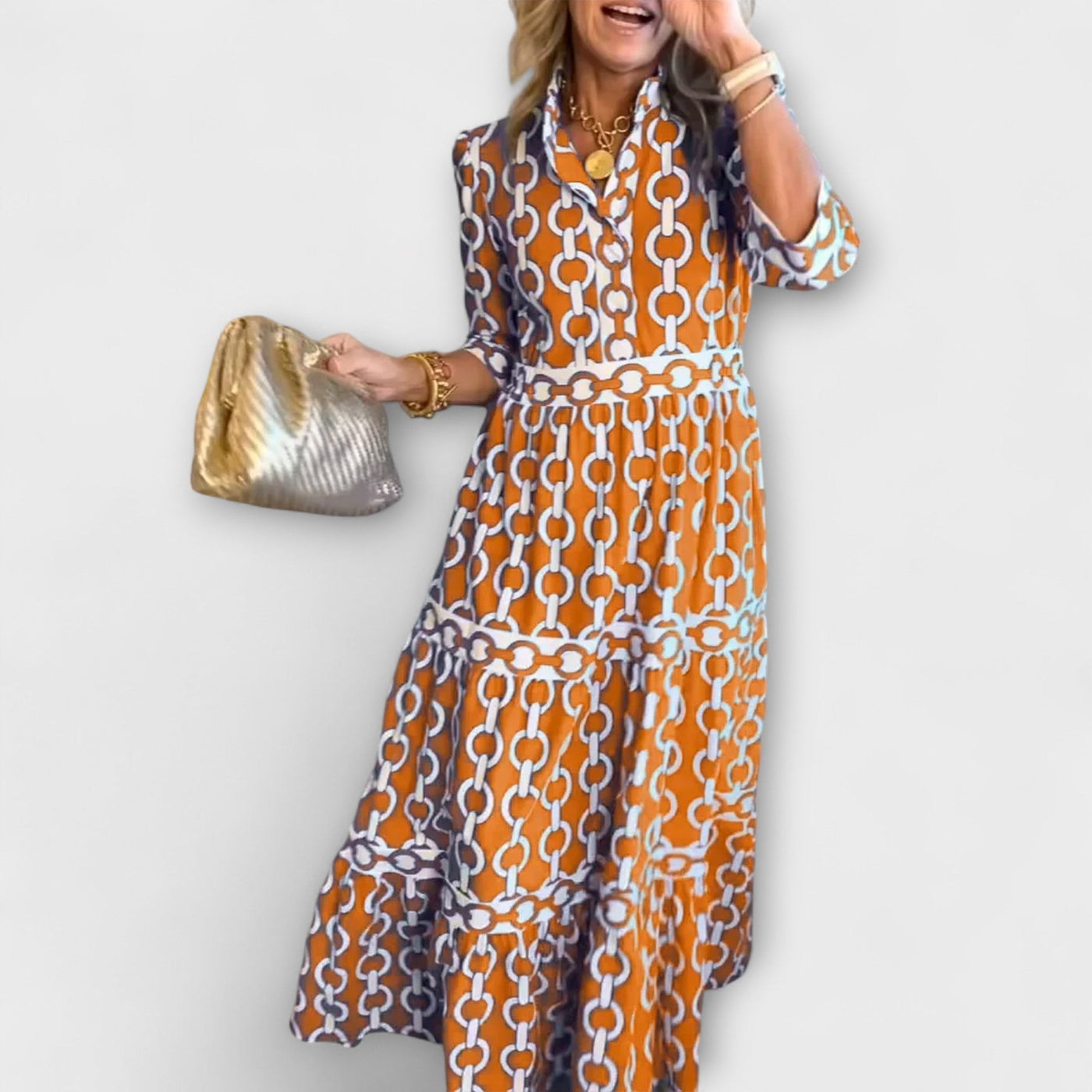Chain Print Collared Long Sleeve Tiered Midi Dress 5