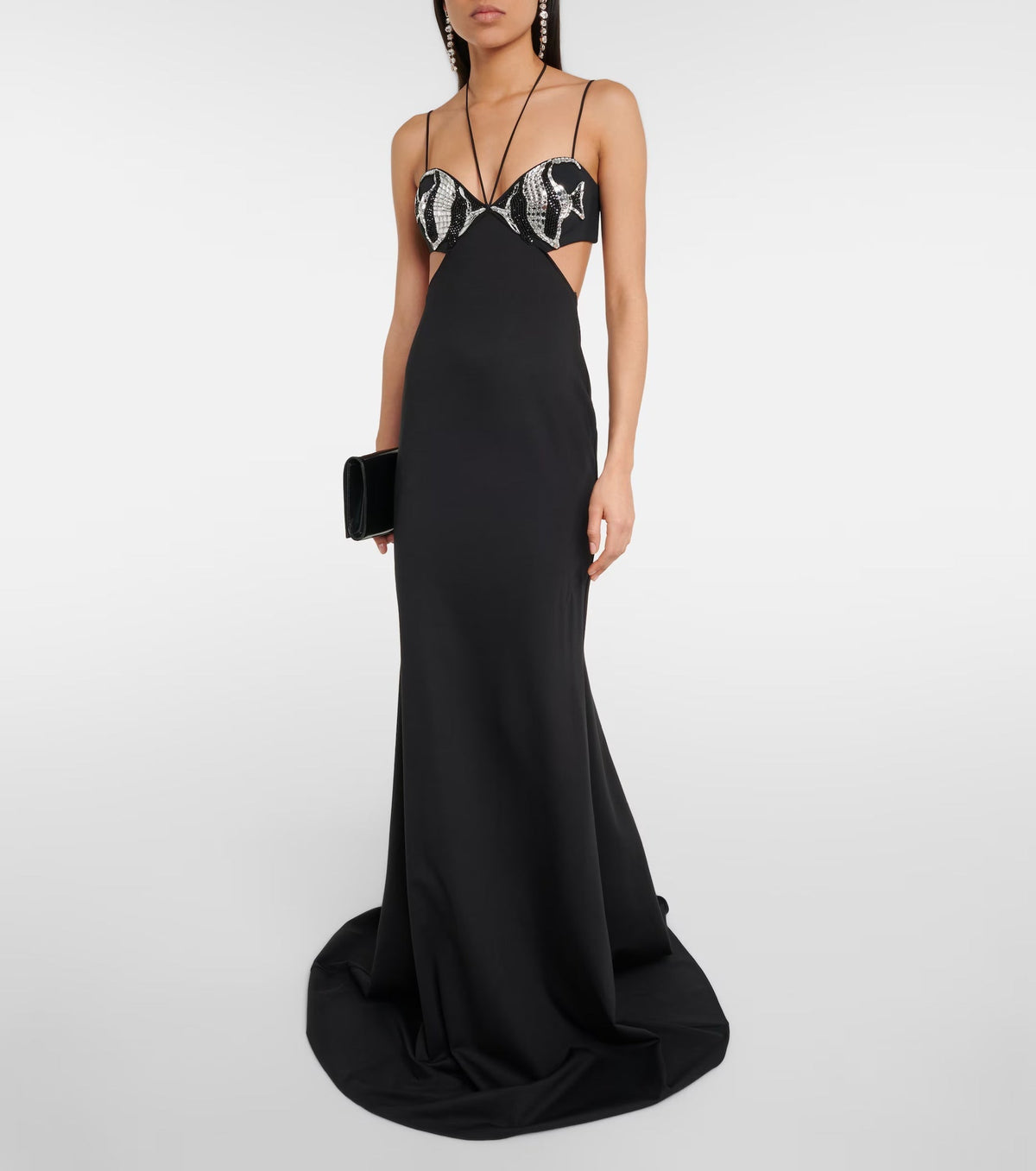 Crystal Embellished Bustier Cut Out Strappy Maxi Gown