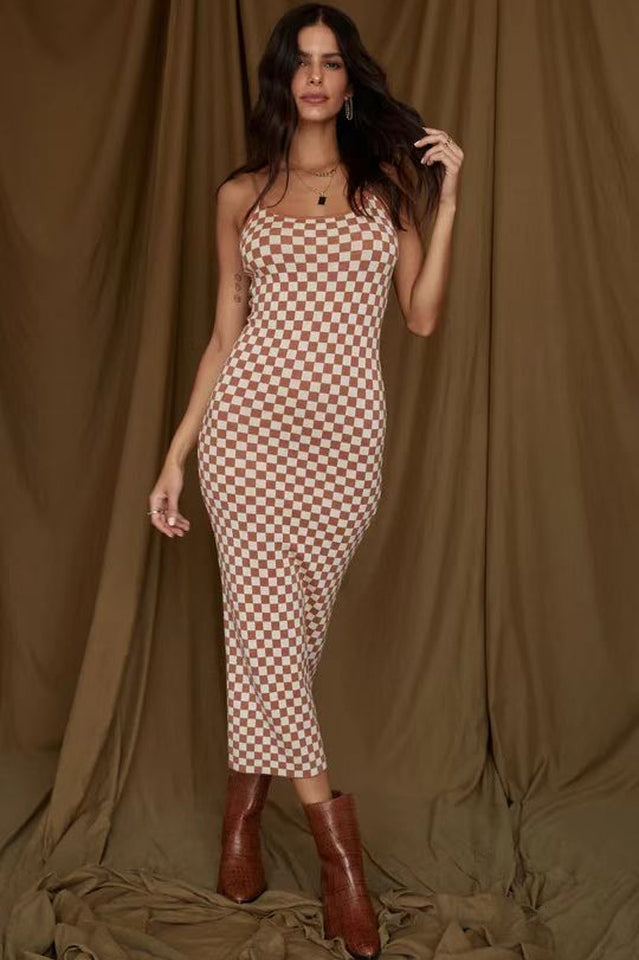 Abstract Print Knit Spaghetti Strap Bodycon Maxi Dress 25