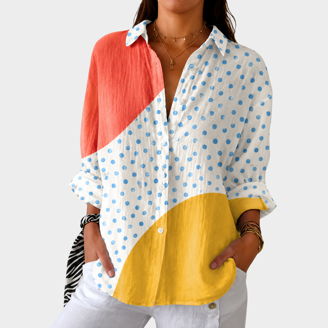 Colorblock Polka Dot Long Sleeve Button Down Shirt