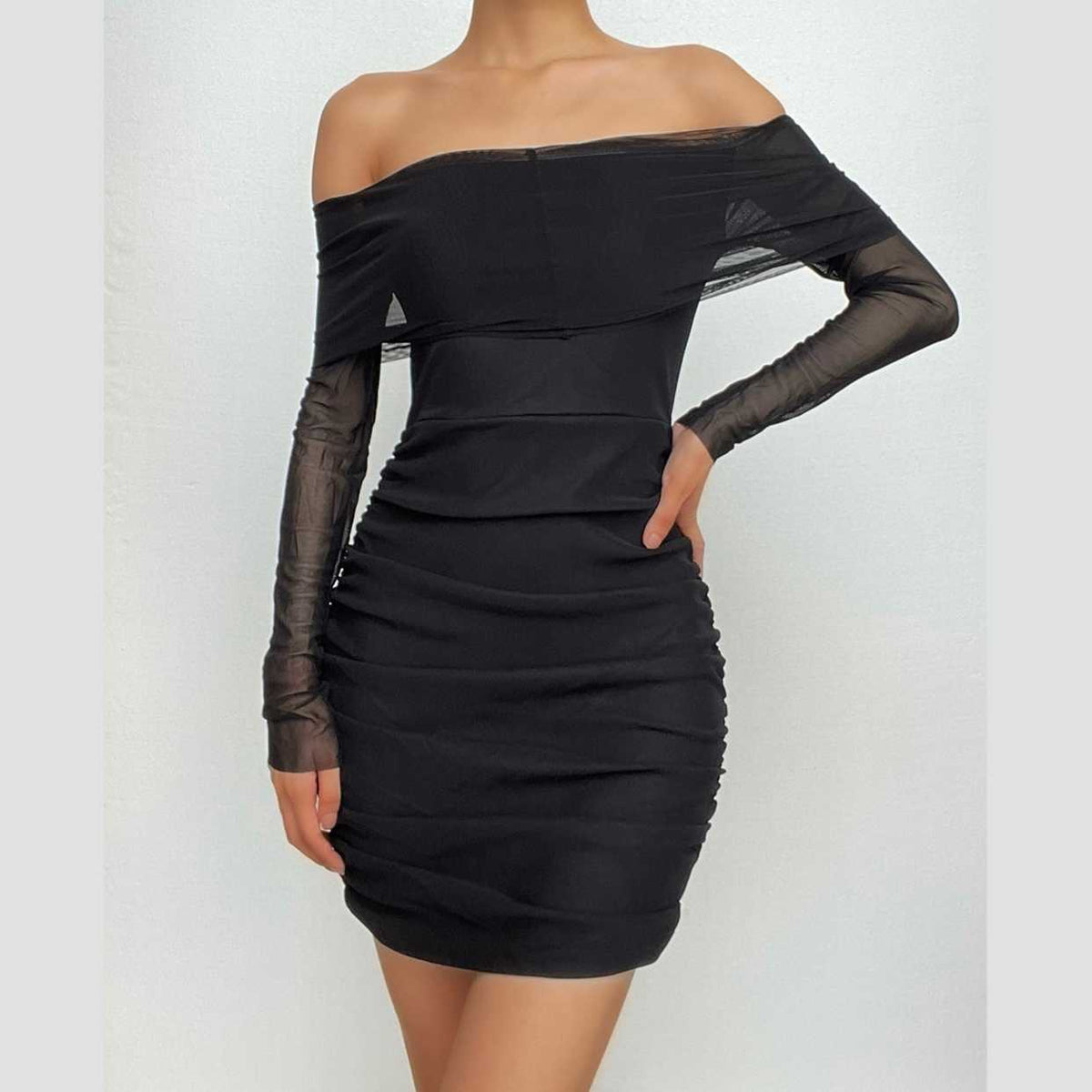 Off Shoulder Fold Over Sheer Mesh Long Sleeve Ruched Bodycon Mini Dress
