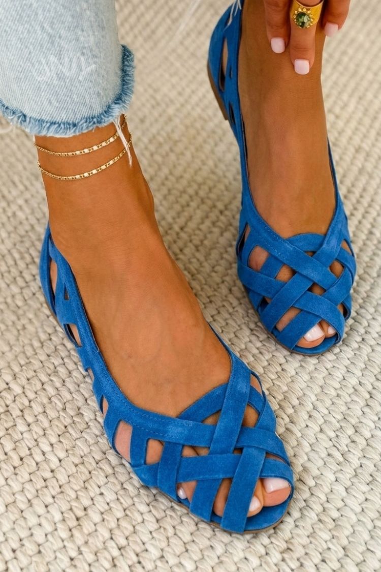 Woven Strap Peep Toe Suede Ballet Flats