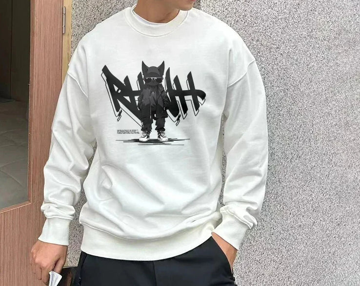 Cartoon Cat Graffiti Graphic Print Crew Neck Drop Shoulder Sweatshirt