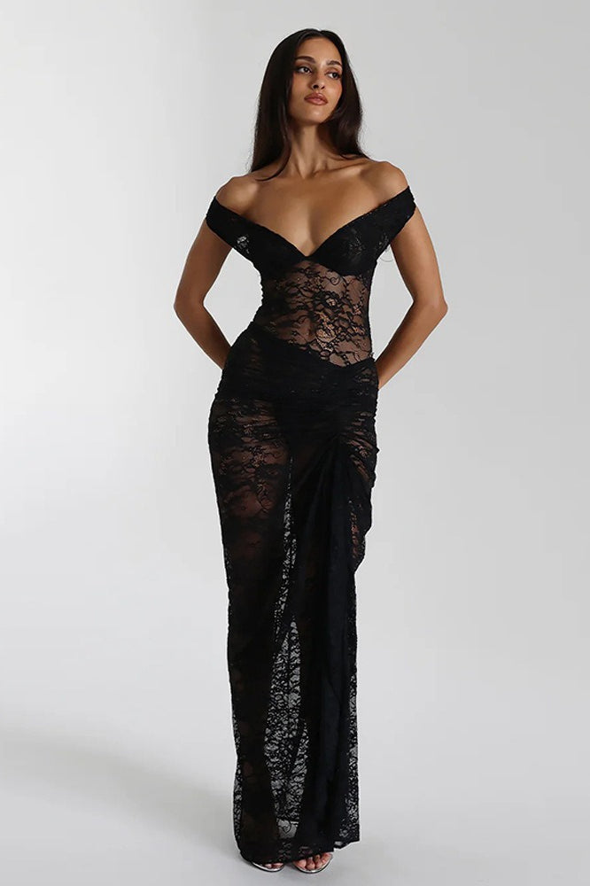 Sleeveless Lace Backless Ruched Bodycon Maxi Lace Dress