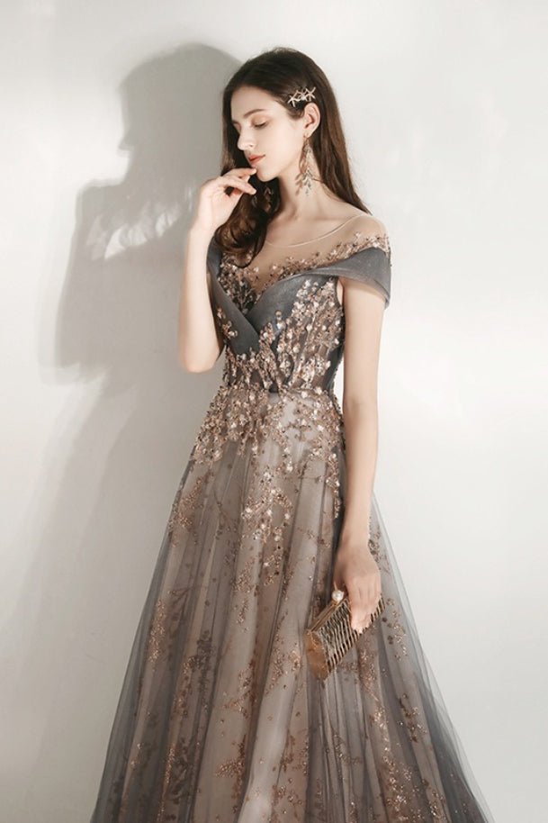 V Neck Beaded Ball Gown Prom Dress