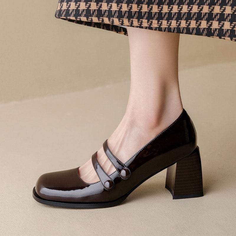 Ekaterina Square Toe Block Heels Mary Jane Shoes