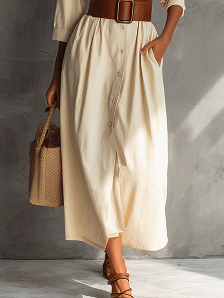 Casual Cream Tie Shirt Maxi Dress
