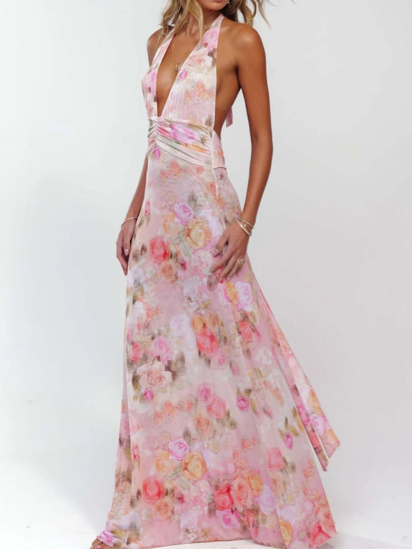 Floral Halter Neck Deep V-Neck Ruched Maxi Dress 3