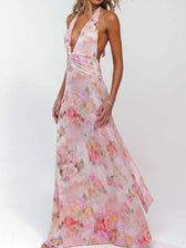 Floral Halter Neck Deep V-Neck Ruched Maxi Dress 3
