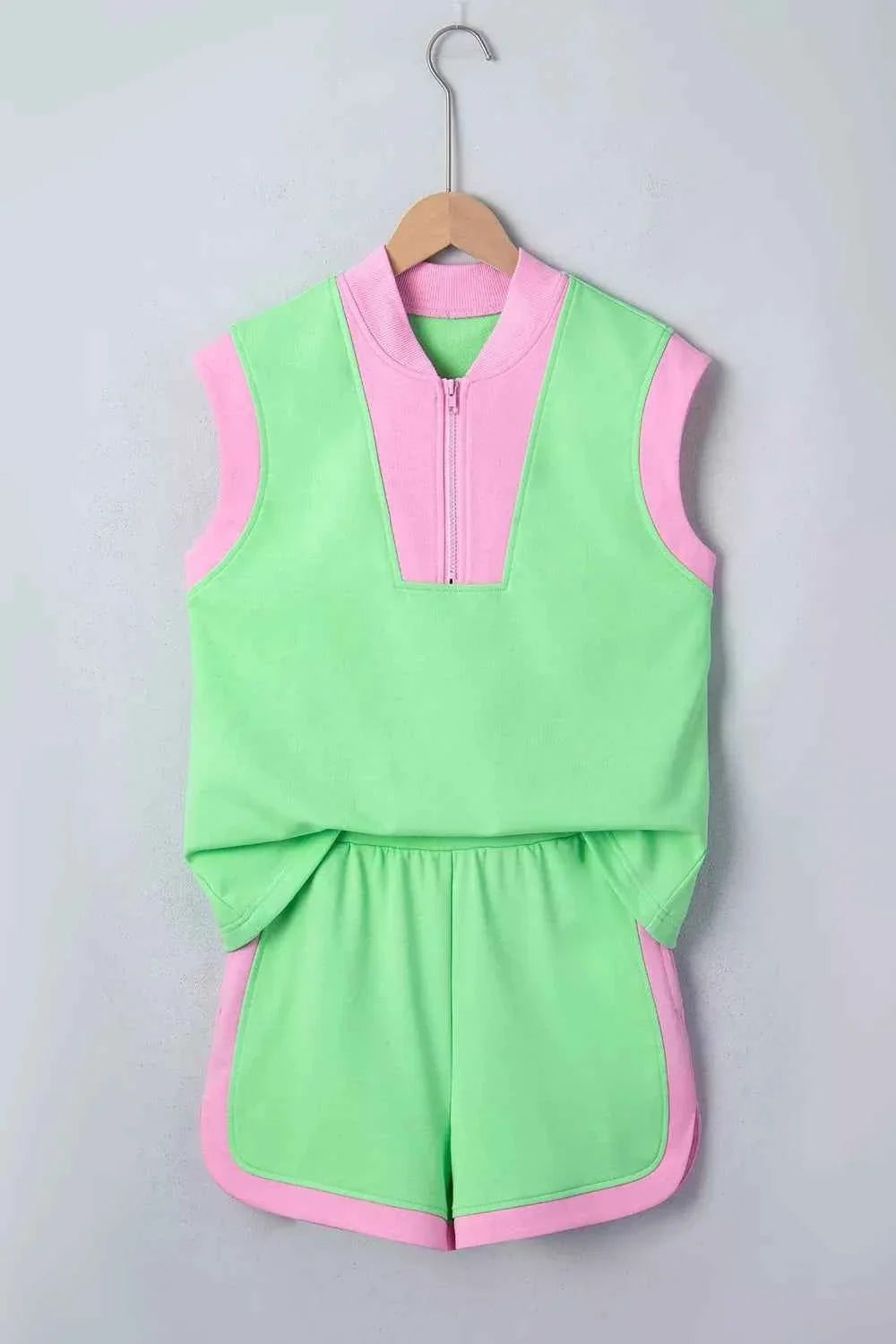 Color Block Accent Half Zip Top Athleisure Shorts Set