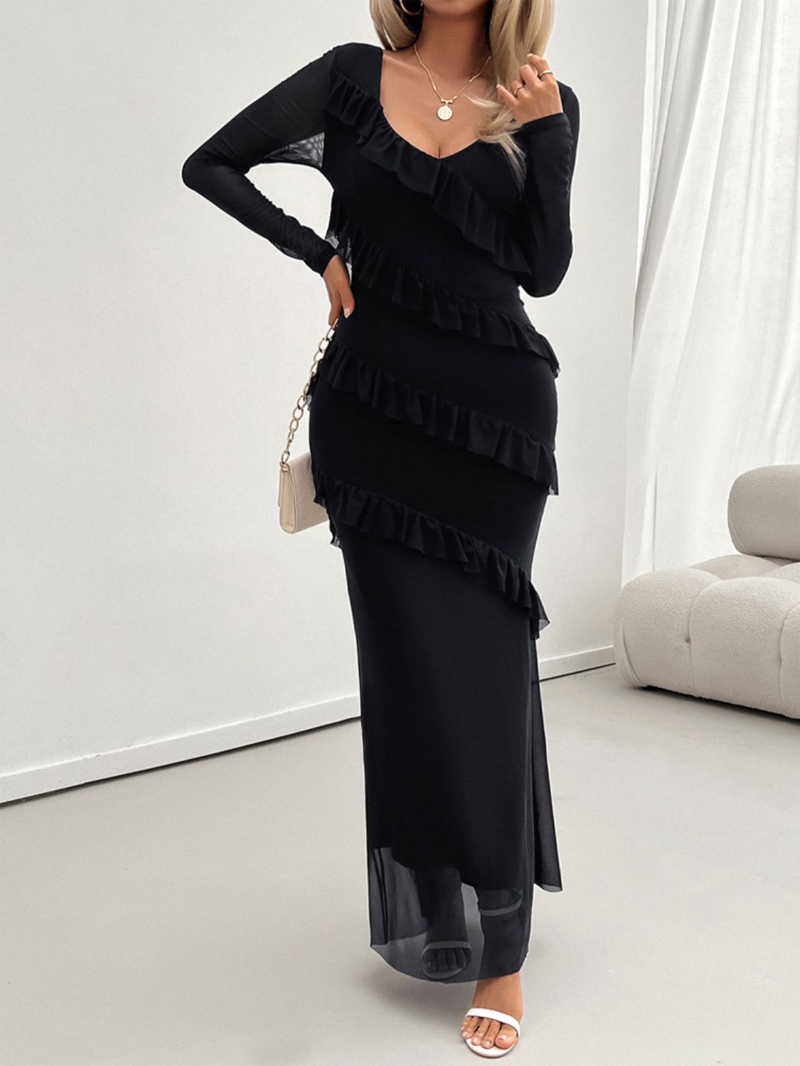 Mesh Surplice V-Neck Long Sleeve Tiered Ruffle Mermaid Maxi Dress 15