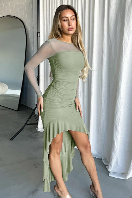Mesh Ruffled Ruched Backless Midi Dress