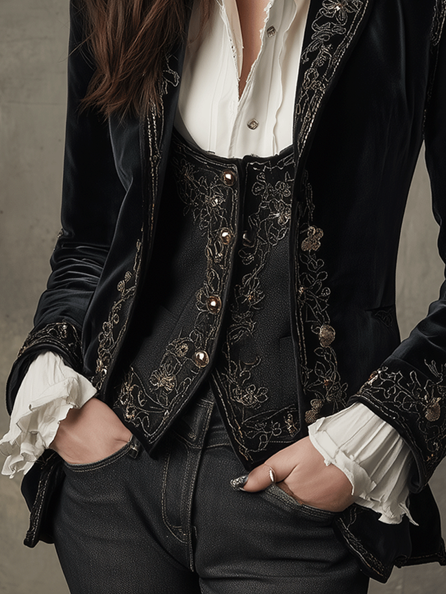Embroidered Velvet Fitted Blazer