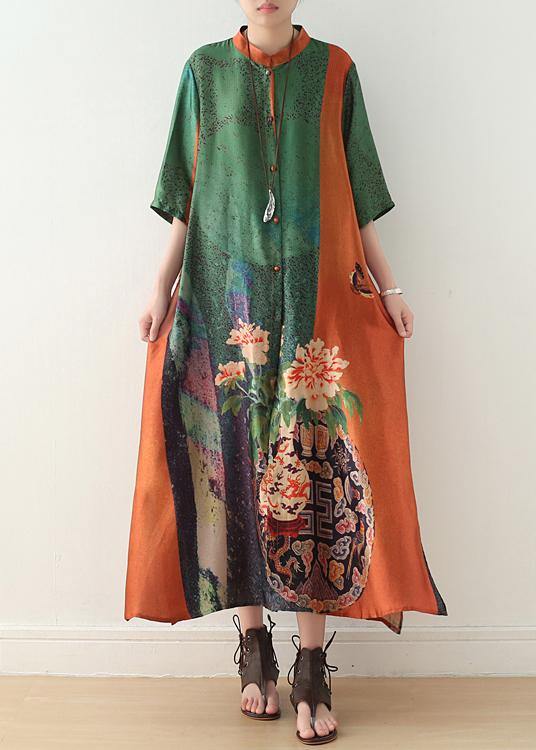 Floral Vase Print Mandarin Collar Half Sleeve Colorblock Linen Blend Maxi Dress