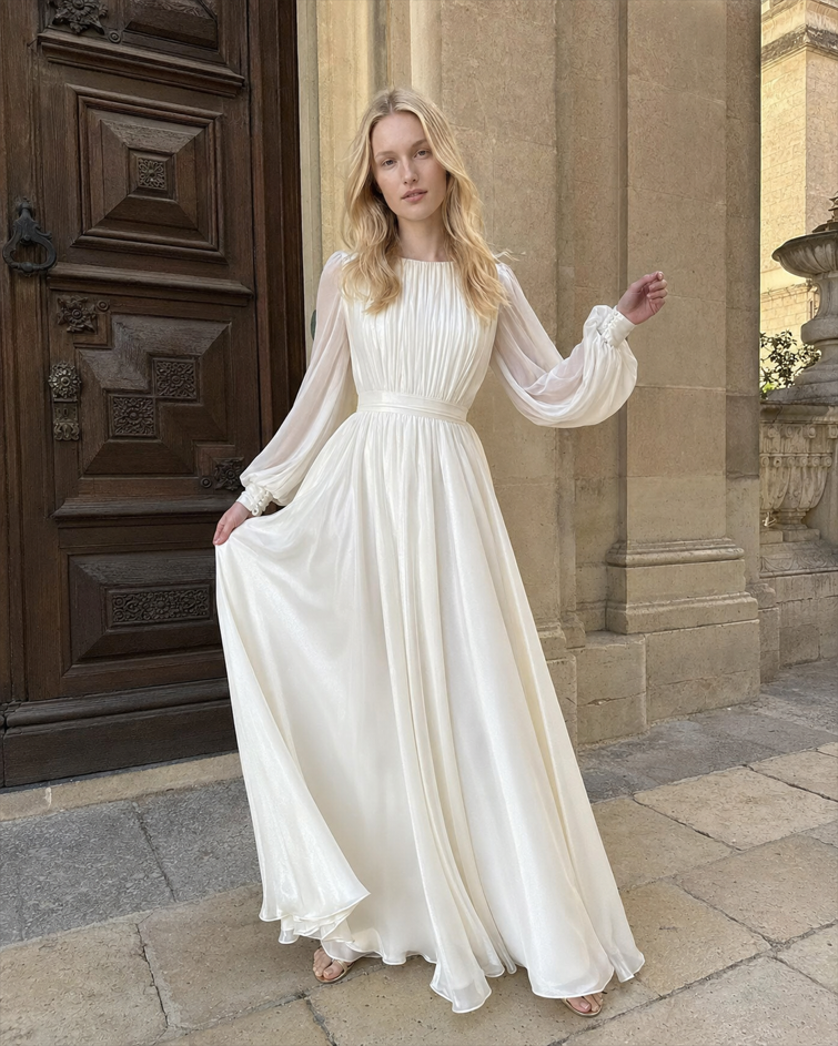 Lantern Sleeve Pearl Sheer Maxi Dress