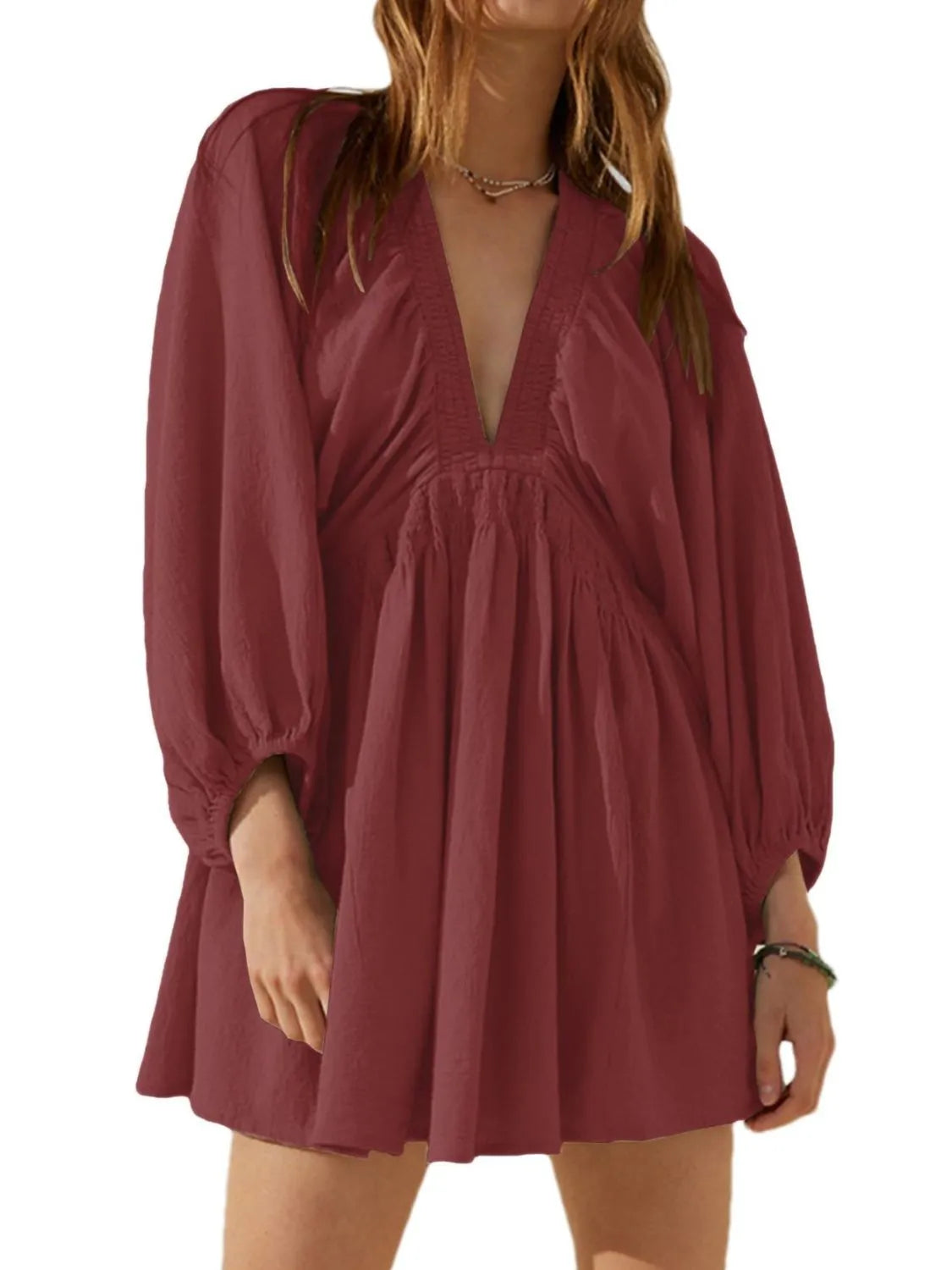 Textured Deep V-Neck Balloon Sleeve Smocked Waist Swing Mini Dress 16