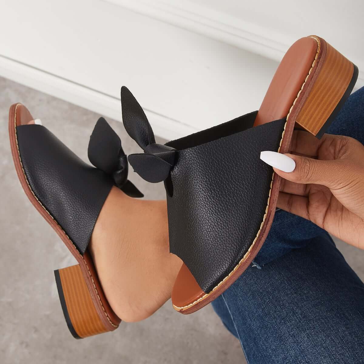 Womens Fashion Peep Toe Low Heel Bow Slippers