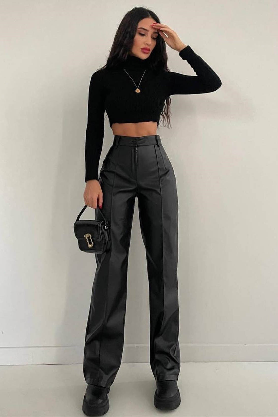 High Waist Faux Leather Front Seam Straight Leg Pants 3