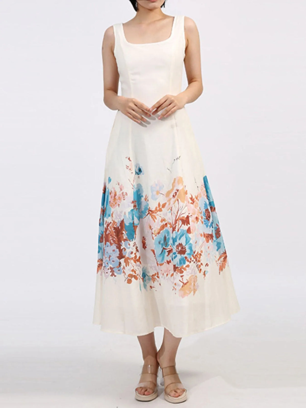 Floral Border Print Square Neck Sleeveless A-Line Midi Dress with Pockets 3