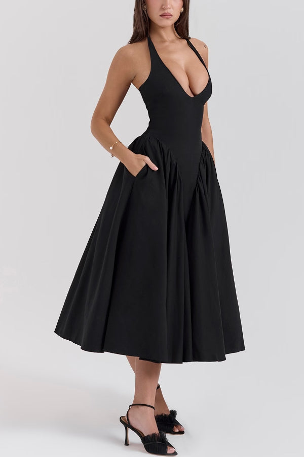 Timeless Lilly Solid a Line Halter Midi Dresses with Deep V Neck Boutique Dress Collection