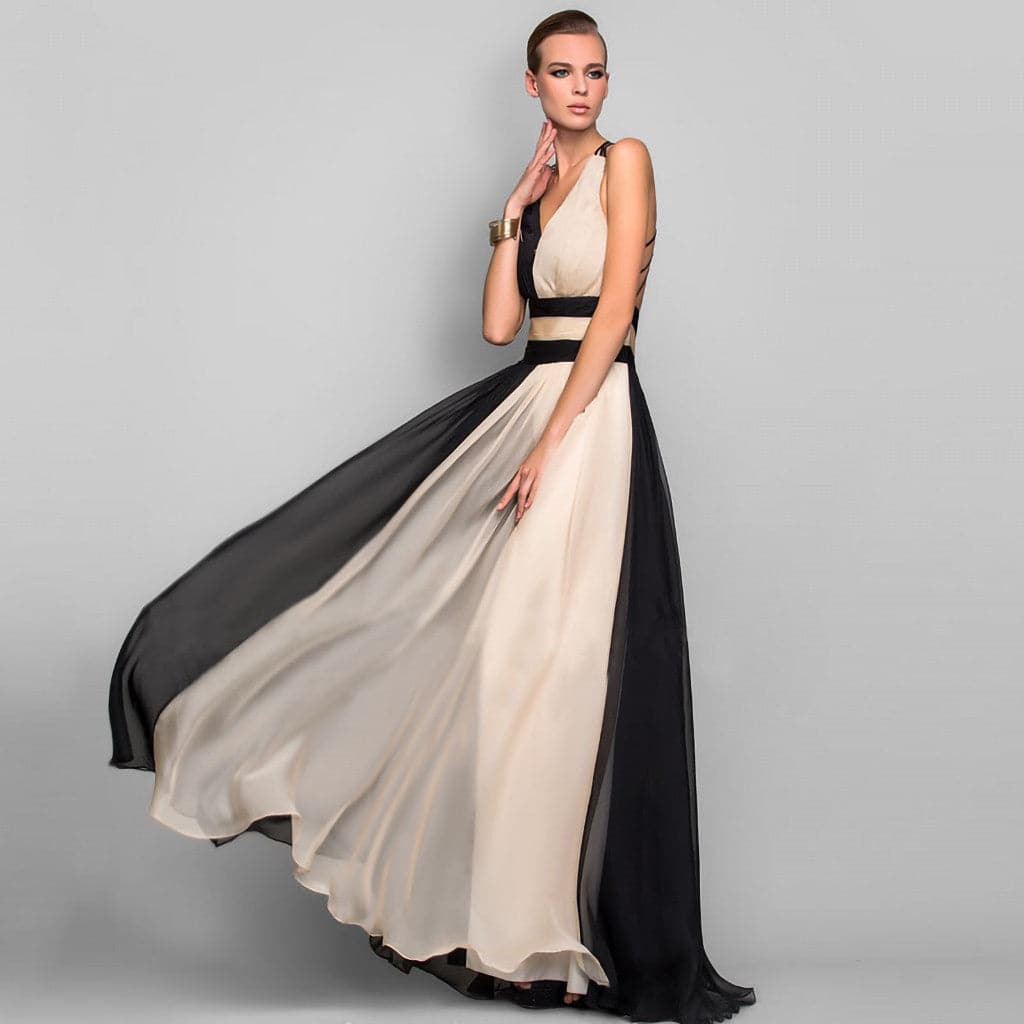 Colorblock Chiffon V-Neck Pleated A-Line Maxi Gown