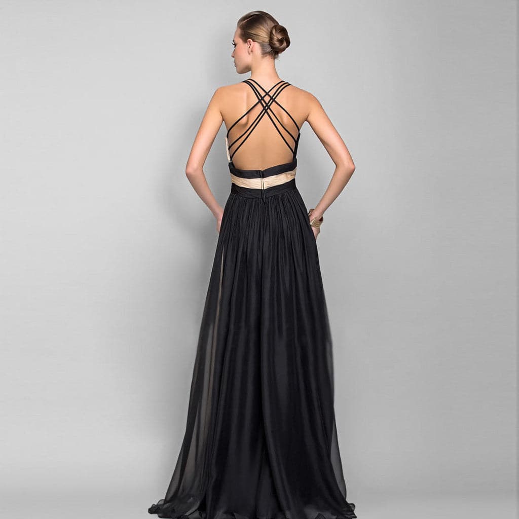 Colorblock Chiffon V-Neck Pleated A-Line Maxi Gown