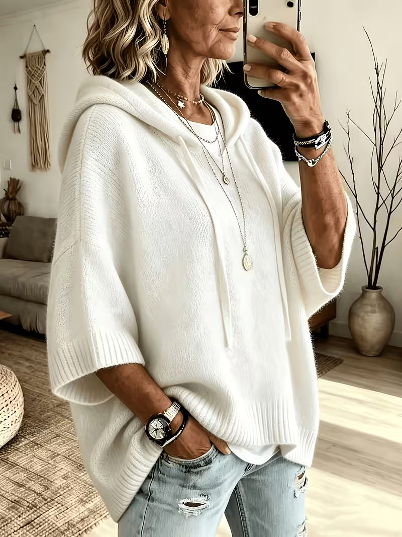 Hooded Drawstring Oversized Knit Poncho Sweater