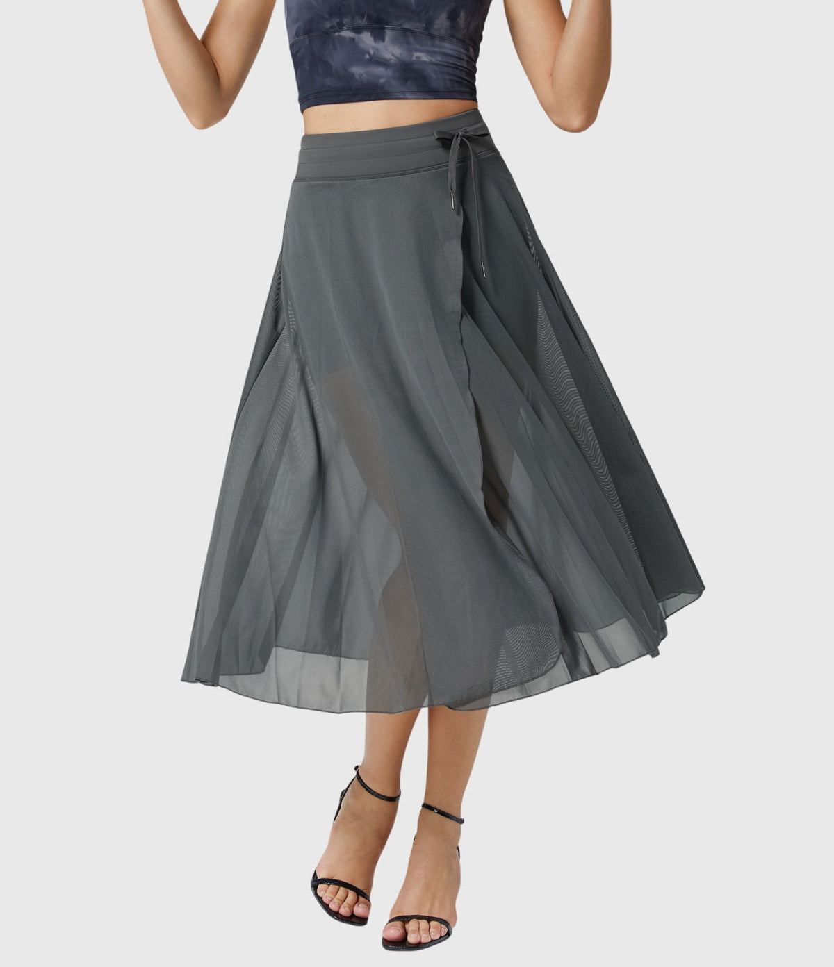 High Waist Drawstring Front Slit A-Line Midi Skirt