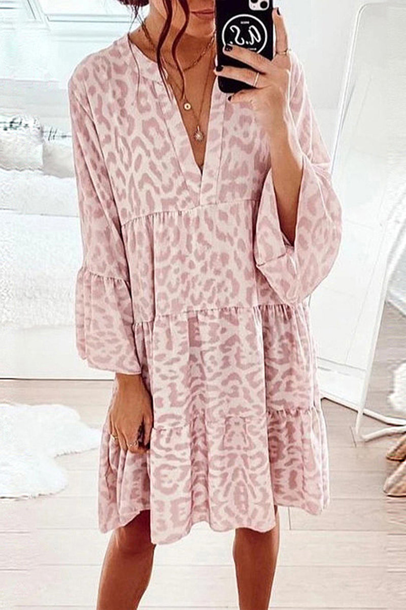 Printed Long-Sleeve Loose Bell Sleeve Splice Dress