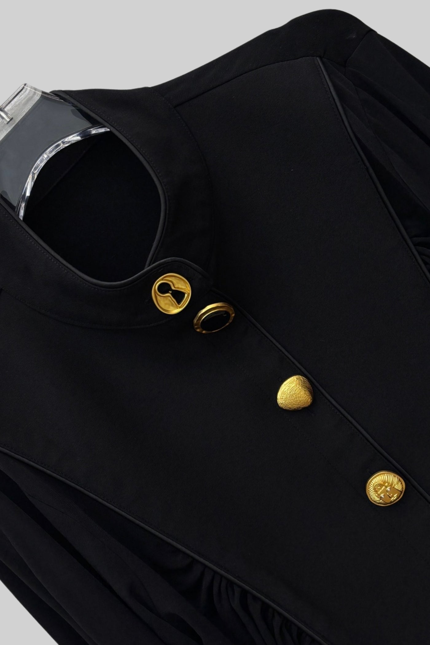 Draped Maxi Dress with Gold Statement Buttons - Black