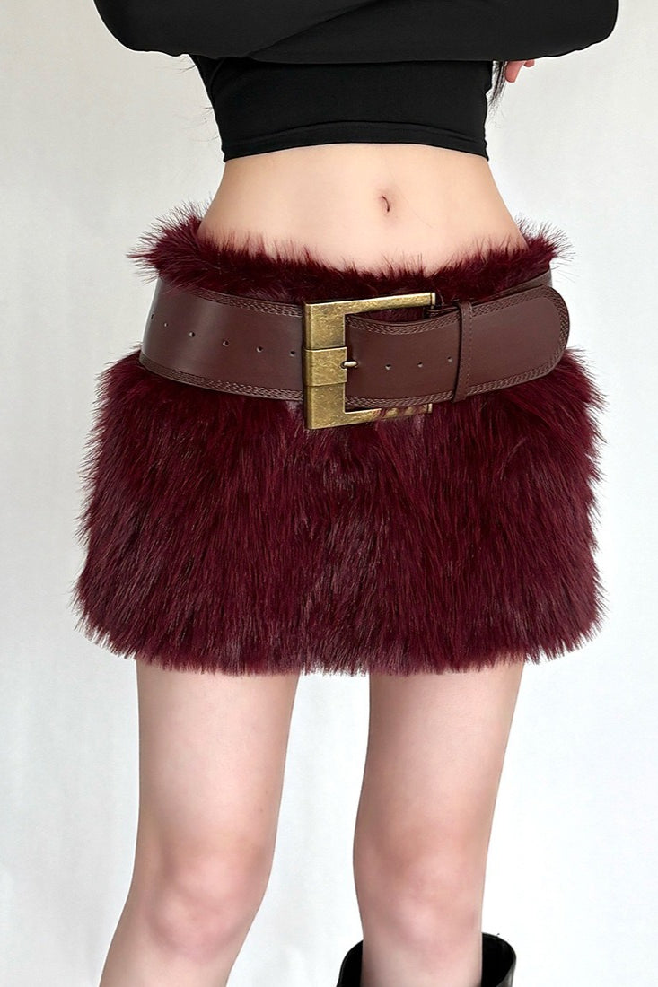 Shaggy Faux Fur Low Rise Belted Mini Skirt 3