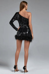Sexy Asymmetrical One Shoulder Long Sleeve Backless Sequin Feather Party Dress