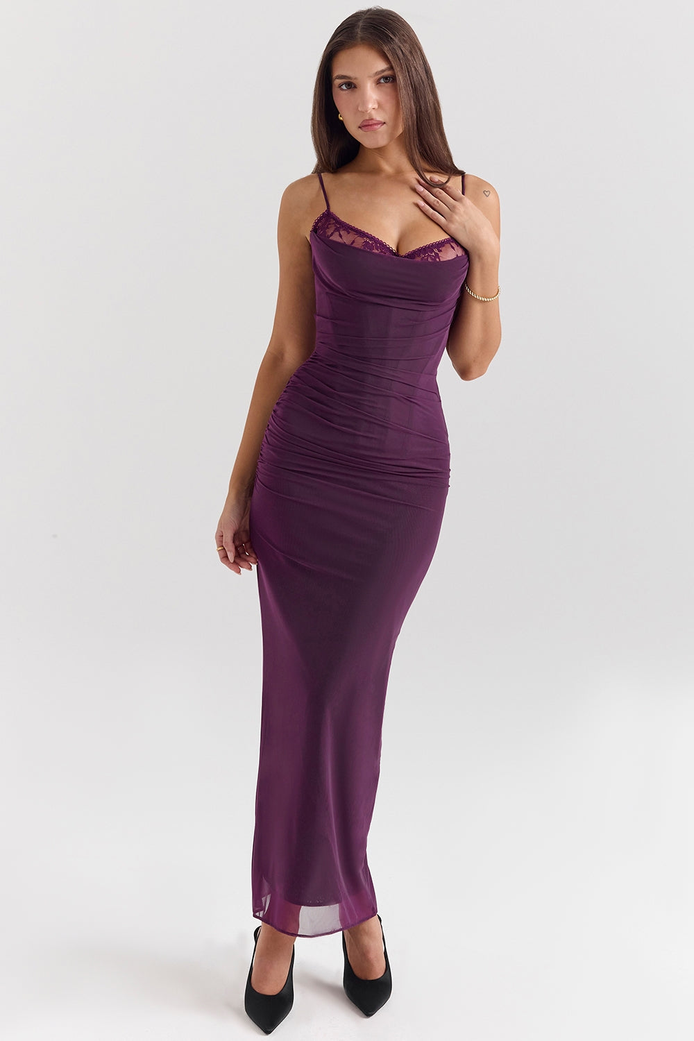 Sheer Mesh Ruched Corset Lace Trim Cami Bodycon Maxi Dress