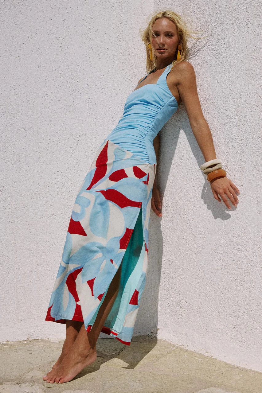 Abstract Floral Print Halter Neck Ruched Bodycon Midi Dress 4