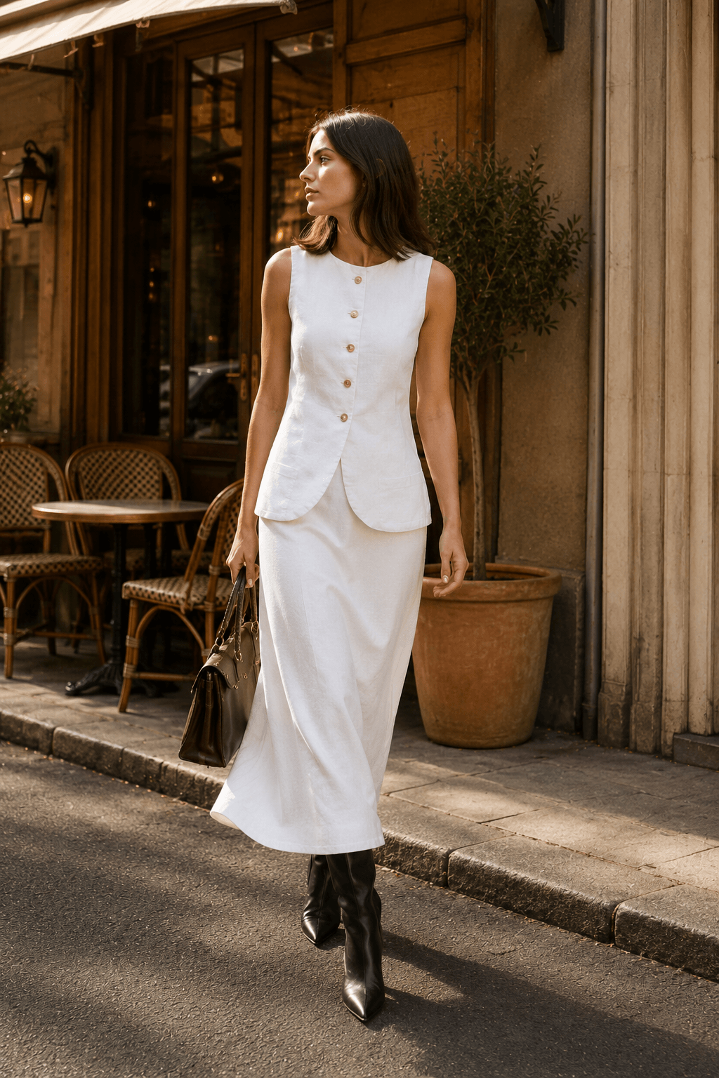 White Square Neck Sleeveless Vest Skirt Work Set
