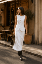 White Square Neck Sleeveless Vest Skirt Work Set