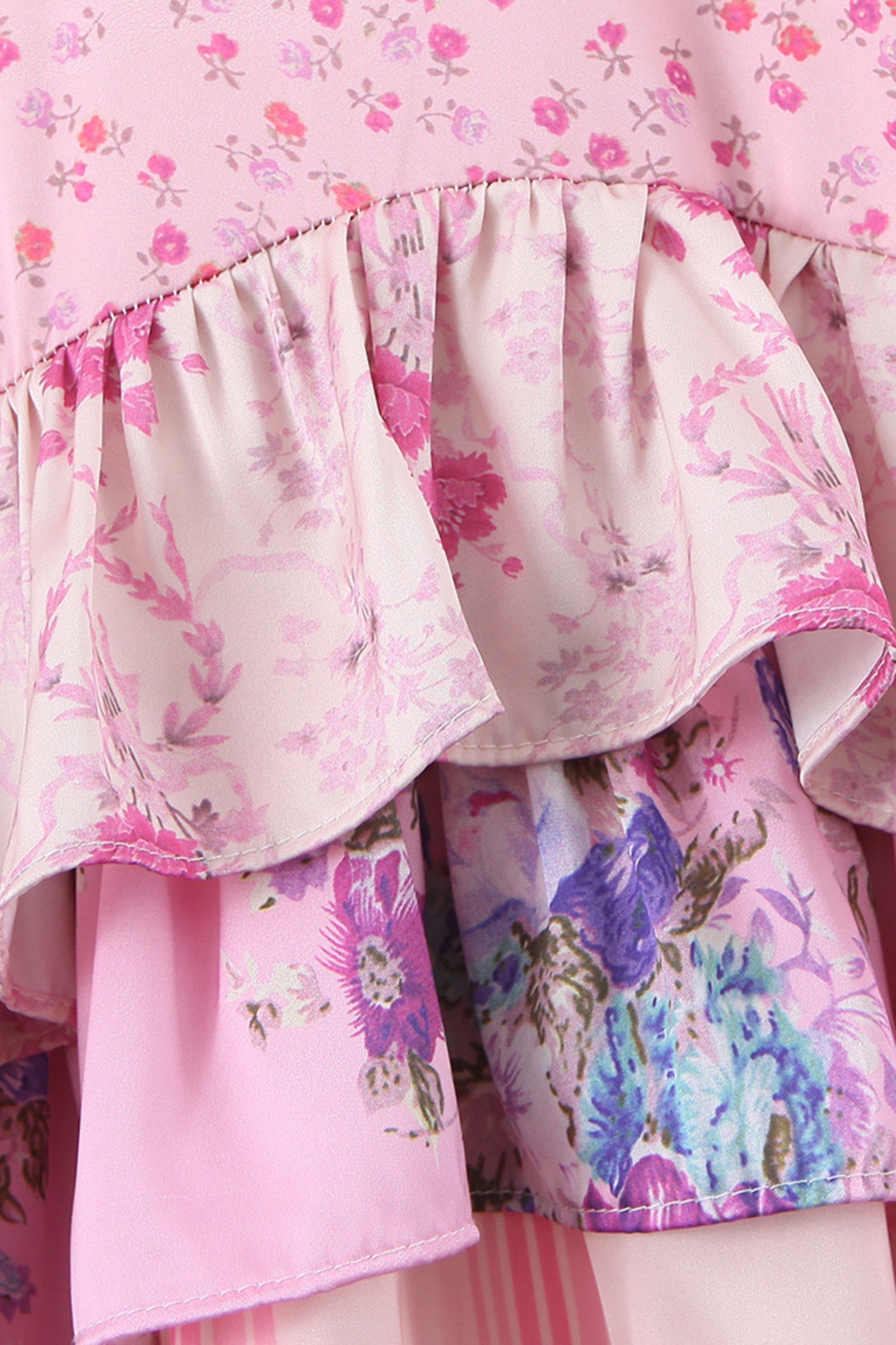 Pink Floral Print Balloon Sleeve Tiered Mini Dress
