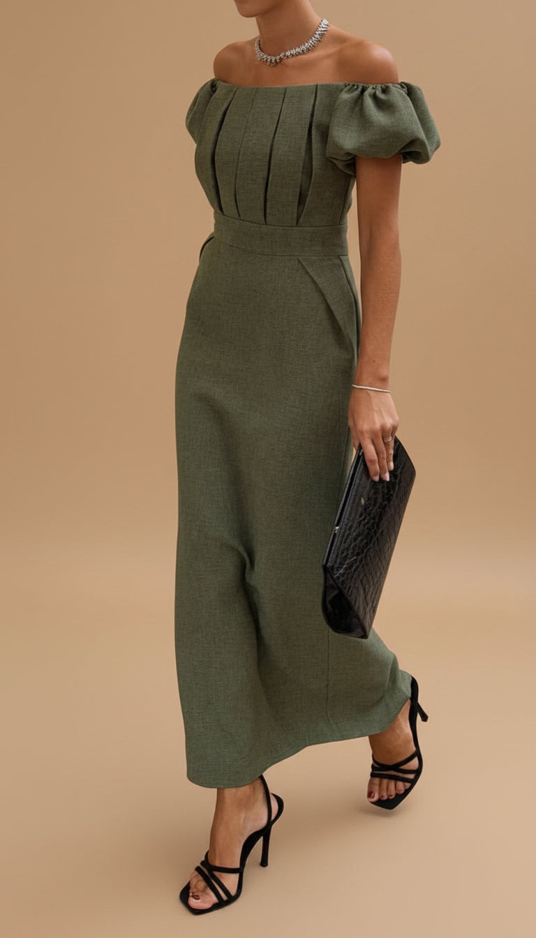 Off Shoulder Puff Sleeve Pleated Bodice Column Maxi Dress