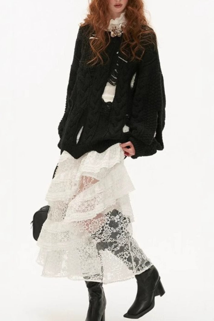 Sheer Floral Lace Tiered Ruffle Asymmetric Midi Skirt