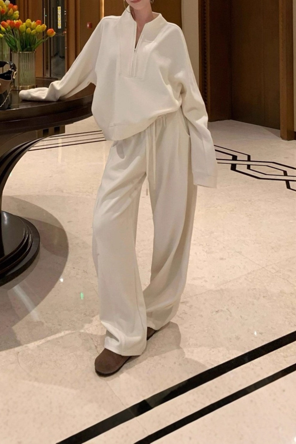 Half Zip Collared Sweatshirt and Drawstring Wide Leg Pants Two Piece Set 2